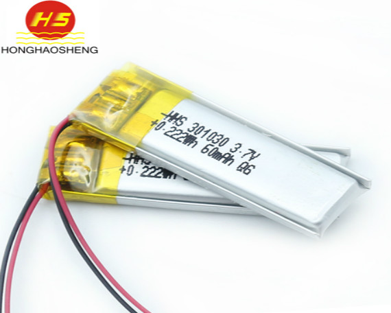 深圳鸿昊升厂家直销55mah 3.7V 301030高循环聚合物(wù)锂電(diàn)池蓝牙小(xiǎo)仪器電(diàn)池